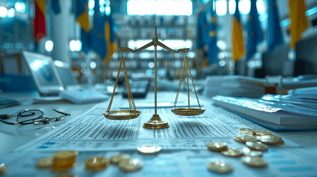Balance dorée entourée de pièces d'euro et documents administratifs sur bureau moderne