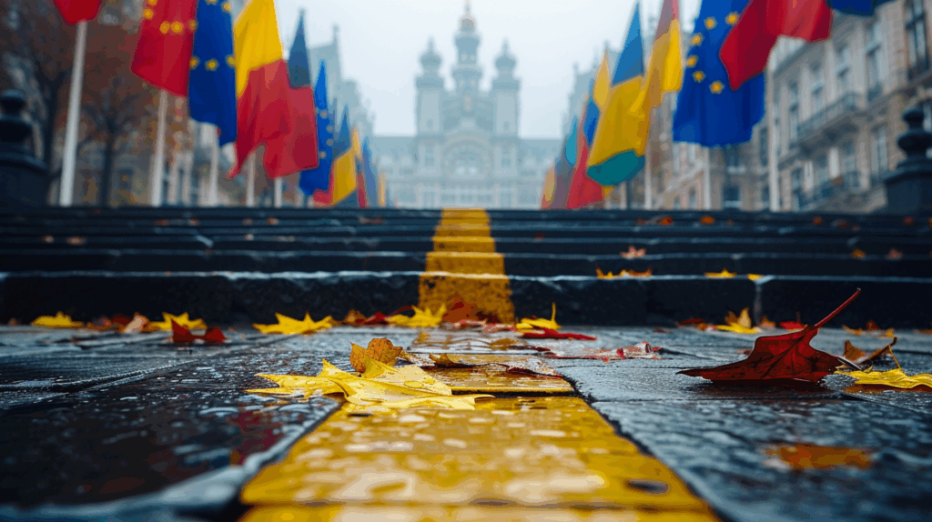 Escaliers en pierre menant à bâtiment institutionnel avec drapeaux européens et belges