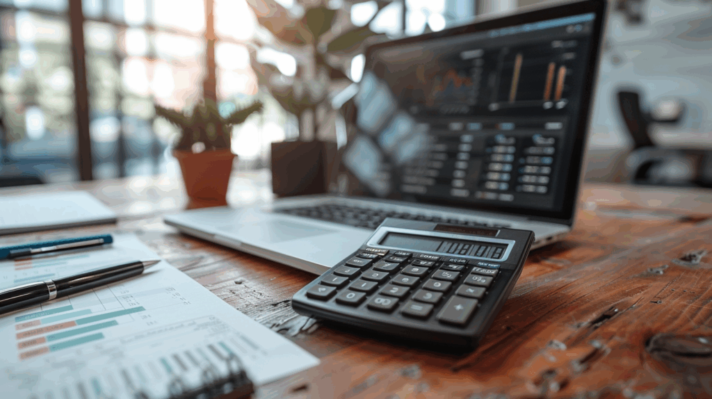 Calculatrice professionnelle sur bureau avec ordinateur portable et documents financiers