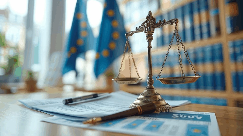 Gouden weegschaal op administratieve documenten met Europese vlaggen