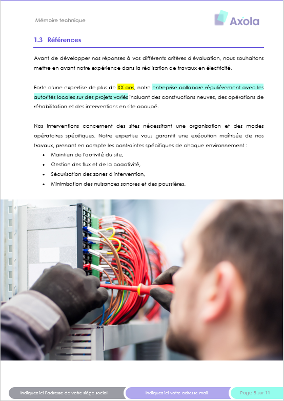 Page de mémoire technique en travaux d’électricité